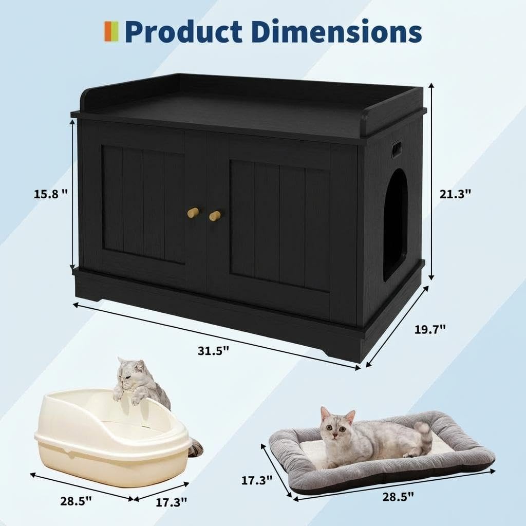 Modernes Katzenklo Schrank, Katzenhaus mit Verstecktem Katzenstreu | Katzenklo-Gehäuse für die Meisten Katzen, Aufbewahrung & Belüftung Holz-Katzenhaus, Einfache Reinigung 72 x 44 X 40cm,Schwarz