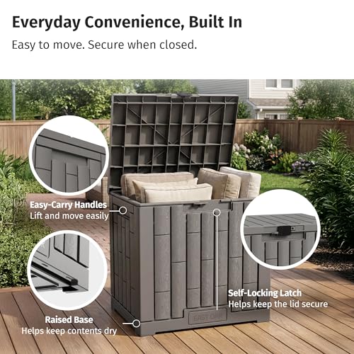 EAST OAK Outdoor Storage Box, 31 Gallon Deck Box Indoor and Outdoor Use, Waterproof Resin Storage Bin for Package Delivery, Patio Cushions, Gardening Tools, Lockable, UV Resistant, Grey by EAST OAK - Image 6