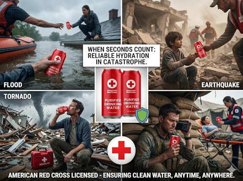 Image of American Red Cross Licensed Emergency Canned Water by Aqua Emergency - 16 fl oz, 50-Year Shelf Life, Hermetically Sealed Aluminum Cans, BPA-Free, Purified Water by Reverse Osmosis, 2.5-5 Day Supply Per Person, Emergency & Everyday Preparedness, Pack of 12