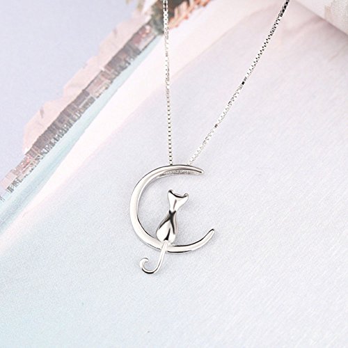 925 Sterling Silver Moon Cat Necklace Cat Pendant Necklace2