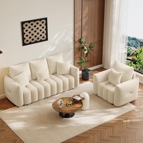Image of OUYESSIR 2 Pieces Boucle Sofa for Living Room, Modern Deep Seat Sofa Chair & 3-Seater Couch, Oversized Cloud Sofa Couch Set, Comfy Upholstered Teddy Living Room Furniture, Light Brown
