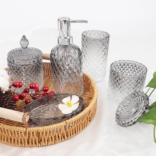 5 Stück Glas Badezimmer Zubehör Sets, Seifenspender Set mit Seifenspender, Seifenschale, Zahnbürstenhalter, Wattestäbchen Kanister, Becher, Badezimmer Deko Set, Badezimmer Organizer (schwarz)