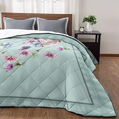 Quilt California King Luxury Quilted Comforter Bedspread-Thin Soft Cozy, Beautiful Dreamy Flower Cup Splashing Cyan Buffalo Check Plaid Reversible Stitched Summer Lightweight Coverlet for All Season