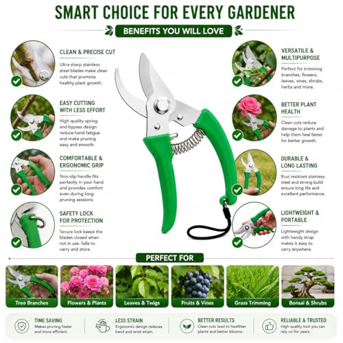 Image of Premium Garden Pruning Shears for Gardening Sharp Stainless Steel Blade Secateur Cutter with Safety Lock & Comfort Grip Heavy Duty Plant Cutter Tool for Branches, Flowers & Stems gardening tool
