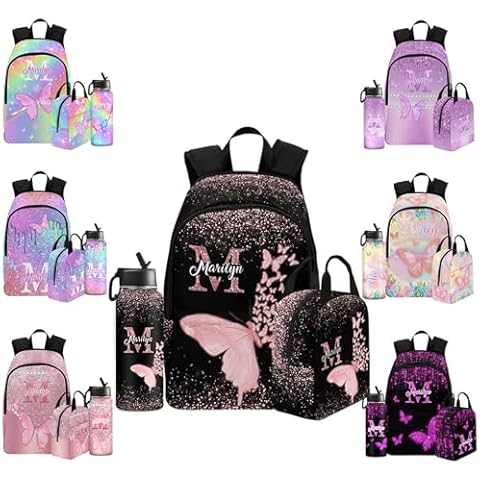 Enjoyyjl Custom Butterfly Backpack with Waterbottle for Girls Kids Personalized Name School Bag for Daughter Granddaughter 3 in 1 Bookbags Set Schoolbag for Back to School Season Cover
