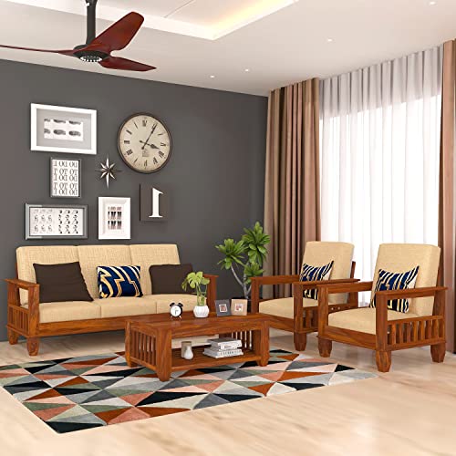 Image of Solid Sheesham Wood Sofa Set 5 Seater for Living Room | Wooden 5-Person Sofa Set for Home Office | 3+1+1 Sofa Sets for Living Room | Five Seater Sofa with Storage | Rosewood, Honey