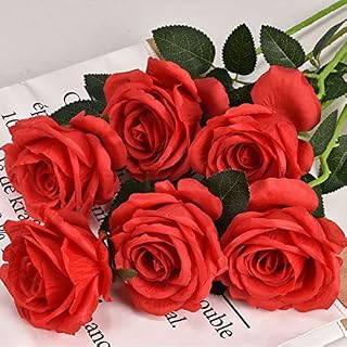 GEYIWSSXY Artificial Flowers,10 Pcs Single Long Stem Fake Rose Silk Flowers Faux Rose Bridal Bouquet Realistic Flower Bouquet for Wedding Party Office Home Decor(Red Rose)