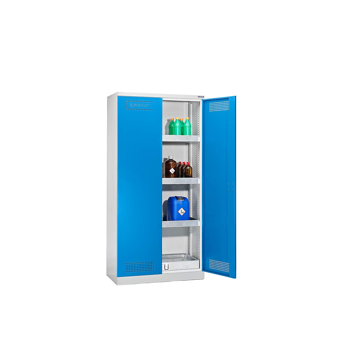 EUROKRAFT Pro | Armoire de sécurité | Avec 1 cuve de rétention et 3 tablettes de rétention, largeur 1200 mm