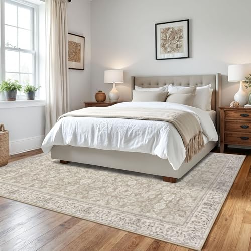 Cream Beige White Grey 6x9 Area Rug for Bedroom, Large Washable Area Rug for Living Room, Soft Vintage Rugs with Non-Slip, Non-Shedding Farmhouse Carpet for Nursery, Office, Dining Room