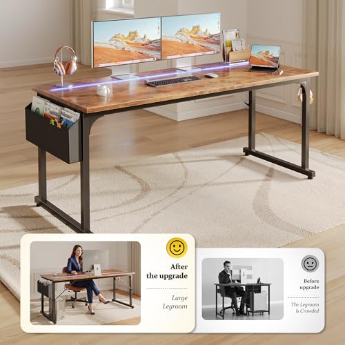 Image of DurayLoly 55 inch Office Desks with LED Lights,Gaming Writing Work from Home Study Desk with Storage Bag,Home Office Desk with Headphone Hook Sturdy Metal Frame, Rustic Brown