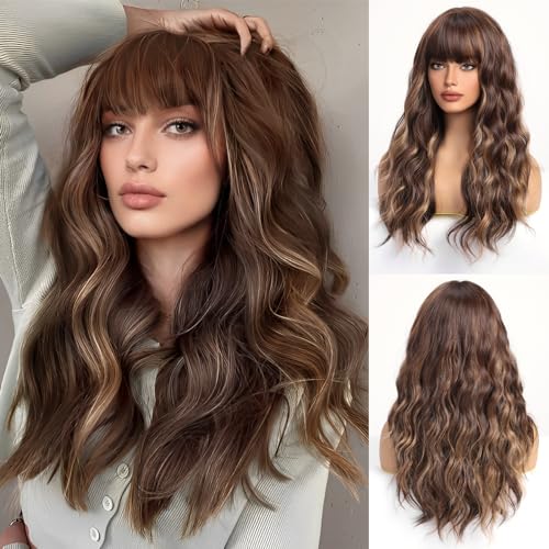BLONDE UNICORN Brown with Highlight Wig With Bangs Long Wavy Wigs for Women Natural Hair Long Wavy Wigs Synthetic Wig 24 INCH…