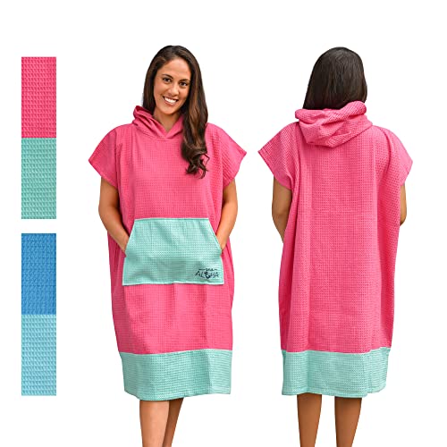 Sea Aloha Surf Poncho for Women - Hooded Towel for Adults - 100% Cotton Beach Changing Cover-Up for Surf, Beach, Pool, Boat (Hot Pink/Sea Green)