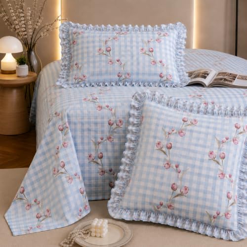 Image of Fitted Bedsheet Queen Size 300 TC Soft Cotton Feel Microfiber All Around Elastic Fitted Double Bedsheet with 2 Frill Pillow Covers | Size (60x78) Check Blue