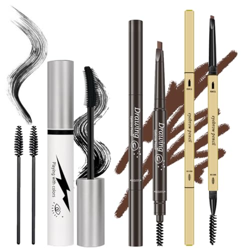 3 Different Eyebrow pencil,Mascara Long Lasting, Smudge-Proof, Silk Fiber Mascara Long Thick, Natural Looking Brows (Brown/Black)