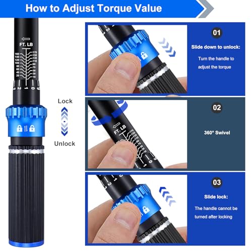 PUIBERS Torque wrench Set 1/2 drive,1/2 Torque Wrenches 10-170 FT.LB/13.6-230.5 Nm,±3% Precision Wrench with 1/2\'\' to 3/8\'\' Socket Adapter, 5 Inch Extension Bar for Car and Moto Maintenance - Thumbnail 5