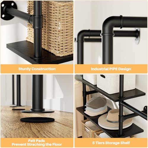Aheaplus Industrial Pipe Clothing Rack, Reversible 6.42FT Clothes Rack for Hanging Clothes, Heavy Duty 5-Tier Closet Wardrobe Garment Racks with Shelves, Corner Closet Organizer System, Black by Aheaplus - Image 4
