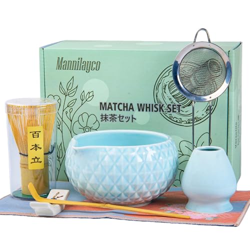 Matcha Whisk Bowl Set, 7PCS All-in-One Japanese Tea Set Includes Matcha Bowl with Spout, Bamboo Whisk (Chasen) with Stand, Scoop, Sifter, Complete Kit for Ceremony, Gift for Matcha Tea Lovers(Blue)