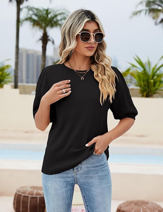 Women's Short Sleeve Sweaters Crew Neck Knit Lightweight Pullover Tops Summer Spring Sweaters 2025 Casual Outfits - Image 3