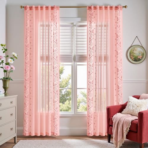 Image of jinchan Pink Sheer Curtains 84 inch, Embroidered Floral, Light Filtering, 2 Panels, Girls & Nursery Room, Bedroom, Dorm, Living Room Drapes