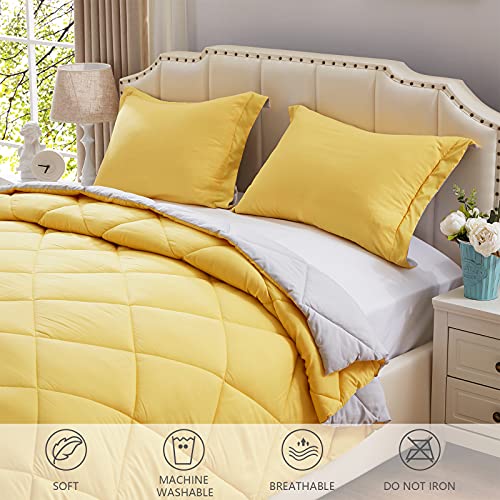Nexhome Lightweight Comforter Set Queen Size, Down Alternative Solid Comforter Set Thin Microfiber Reversible Summer Bedding Comforter With 2 Pillow Sham (Queen, Yellow/Light Grey) #TOP6