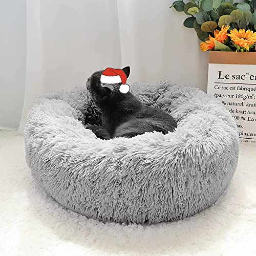 OYANTEN Small Dog Bed Large Cat Bed - Cat Beds for Indoor Cats, Calming Donut Kitty Bed, Round Pet Beds for Small Medium Cats, Soft Fluffy Warm and Cozy (20in, Misty Gray)