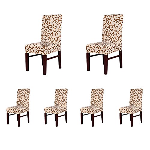 SoulFeel 6 x Soft Fit Stretch Short Dining Room Chair Covers, Printed Pattern, Banquet Chair Seat Protector Slipcover for Party Hotel Wedding Ceremony (ChampagneCoffee)