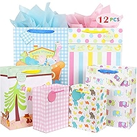 Gift Bag Assortment - 12 Pcs With Ribbon, 4 Sizes & 6 Colorful Designs