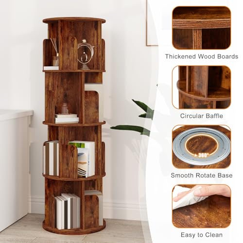 AVAWING Rotating Bookshelf 360°, 4-Tier Corner Bookcase for Small Spaces, Holds 80-100 Books, Space-Saving Shelf for Bedroom, Living Room, Study Room & Home Office, Brown - Image 4