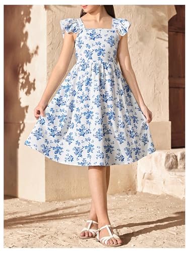 Girl's Floral Print Bowknot Backless A Line Dresses Ruffle Cap Sleeve Cute Knee Length Dress3