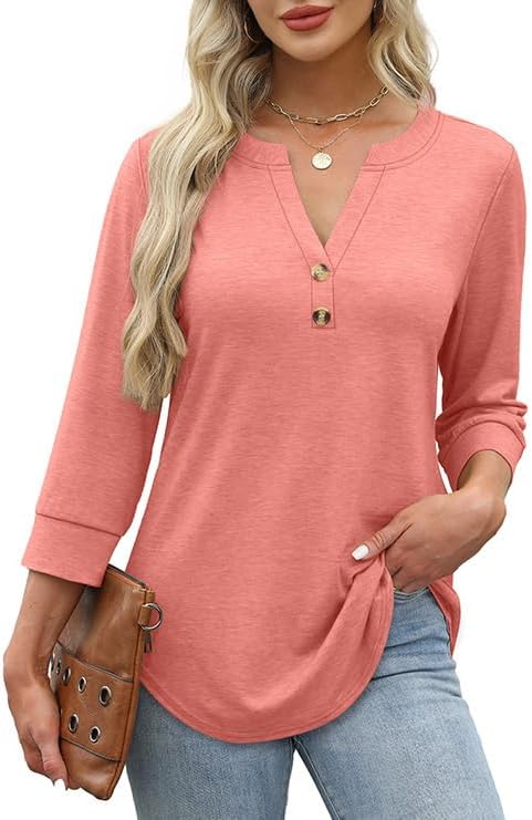 OFEEFAN Womens Tops 3/4 Sleeve Henley Shirts for Women Fall Fashion 2025 School Outfits for Teachers - Image 2