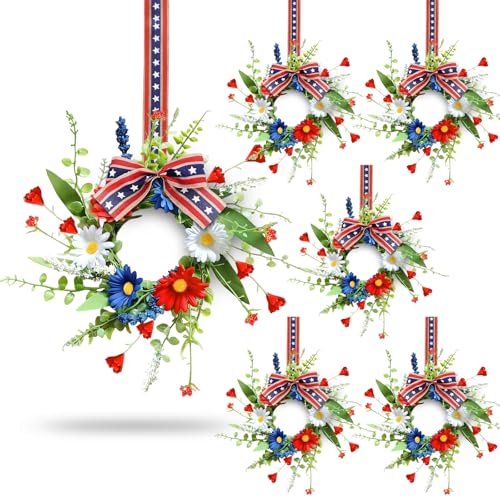 6 Pcs Mini Patriotic American Kitchen Cabinet Wreaths Small 4th of July Floral Swag Wreath for Front Door with Ribbon Daisy July Independence Day Hanging Wreath for Porch Wall Farmhouse Decor