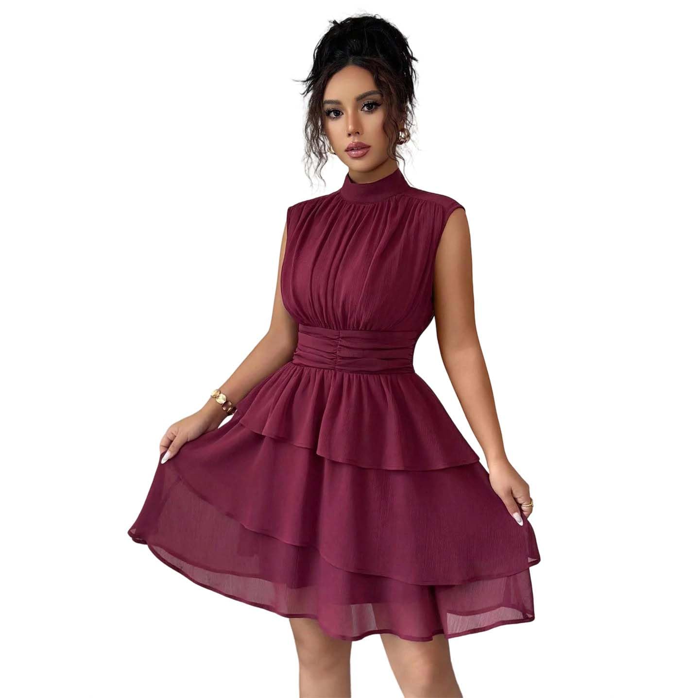 Vestido corto de verano para mujer, cuello redondo, sin mangas, con volantes, escalonado, acampanado, para fiesta