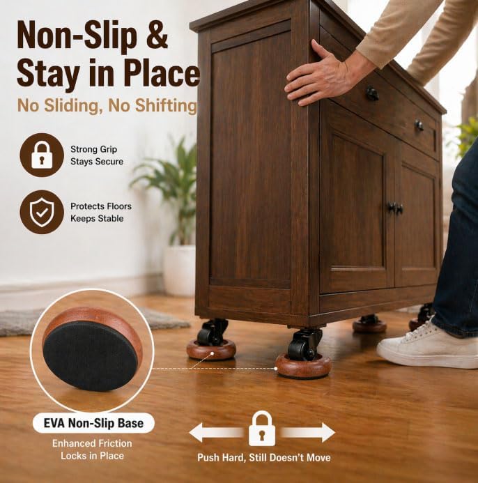 Heavy Duty Furniture Caster Cups Set of 4, Solid Wood Floor Protectors with Anti-Slip Base, Load-Bearing Pads for Piano, Sofa, Bed, Table & Hardwood Floors (4 PCS Dark Brown)