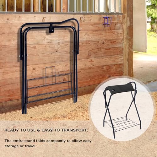 Image of Harrison Howard Saddle Stand Freestanding Full-Size Portable Floor Horse Saddle Rack with Fabric Adds Protection to Underside of Saddle Prevents Bar Indentations Secure Saddle Saddle Black