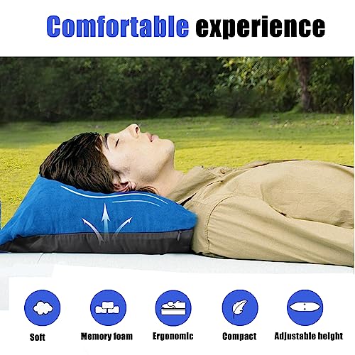 Lufeemga Camping Travel Pillow - Backpacking Pillow - Memory Foam And Inflatable 2-In-1 Washable Portable Pillows - Hiking Inflatable Pillow Height Adjustable Ultralight Compressible（16.9X13In, Blue） #TOP6