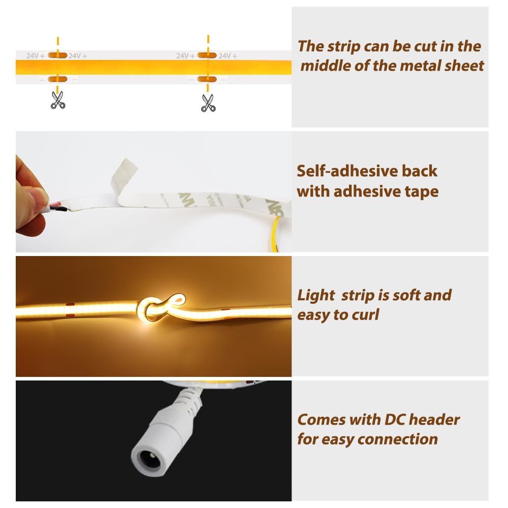 Arote Ruban LED COB 10m Blanc Chaud 3000K 24V, Bande LED Avec un gradateur et une alimentation électrique Flexible Haute Densité 320LEDs/m Dimmable IP20 pour TV Rétro-éclairage Chambre Cuisine