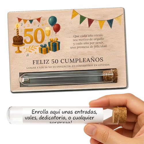 Überraschungsgeschenkkarte - 50 Geburtstag Mann, Geschenke zum 50. Geburtstag Frau - Originelles Geschenk aus Holz mit Tube zum Überraschen mit Gutscheinen, Eintrittskarten oder Nachrichten