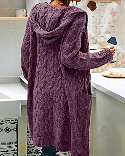 Image of Women Hooded Open Front Cardigan Cable Knit Chunky Long Sweater Coats | solid color, cable knit ,long duster cardigan,chunky coatigan,winter ,falll ,side pockets