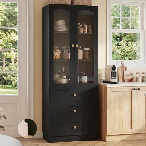 Image of Cyclysio 80 inch Tall Pantry Cabinet for Kitchen Storage, Black Pantry Cabinet with Glass Doors & 3 Drawers - Freestanding Storage Bookcase with Built-in Baseboard Notch for Dining, Living Room
