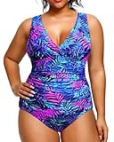 Aqua Eve Women Plus Size One Piece Swimsuits Tummy Control Bathing Suits V Neck Ruched Swimwear Blue Purple Tropical Leaves 20W