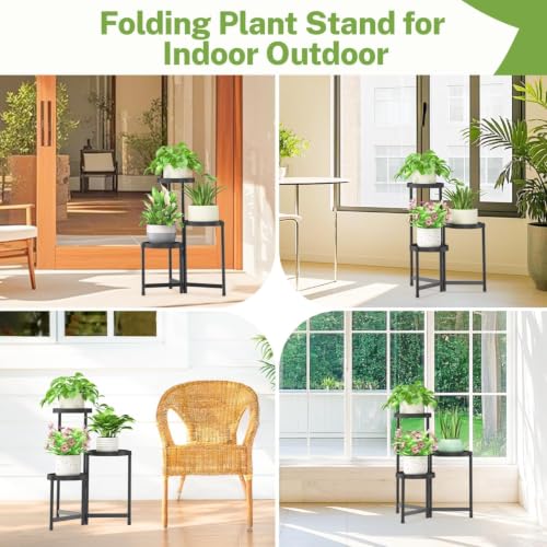 Image of 3-Tier Foldable Metal Plant Stand for Indoor & Outdoor | Heavy Duty Iron Flower Pot Stand | Corner Plant Holder Rack | Powder Coated Finish | Balcony, Living Room, Patio & Garden | (Black 3 Plate)