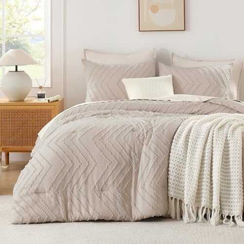 Image of Andency Linen Comforter Set Queen Size, Boho Soft Warm Tufted Bedding Comforter Sets for Queen Size Bed, 3 Pieces Aesthetic Chevron Farmhouse Cute Bohemian Textured Bed Set