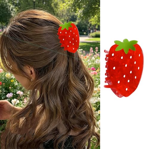 1Pack Cute Strawberry Hair Clips Large Red Strawberry Hair Claw Clips Strong Hold Non-Slip Acrylic Jaw Barrettes Spring Summer Fruit Hair Accessories for Women Girls Holiday Party Hair Styling
