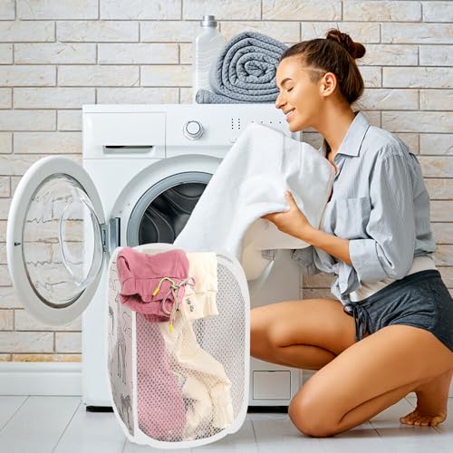 Hwtcjx 2 Stück Pop up Wäschekorb, Faltbarer Wäschekorb, Klappbar Wäschetonne mit Henkel, Wäschebox aus Mesh Aufbewahrungskorb für Kinderzimmer, Dorm, Camping, Reisen, 30x30x48cm (Weiß)