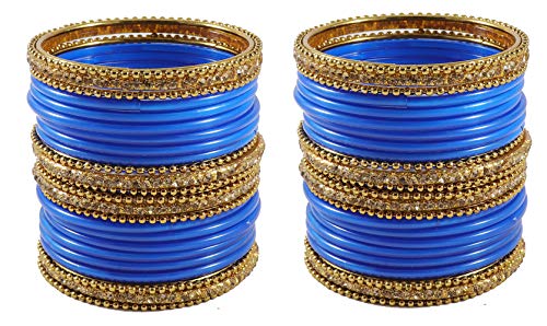 Image of NMII Glass With Zircon Gemstone Studded Worked and Ball Chain Or Plane Gloosy Finished Bangles Set For Women and Girls