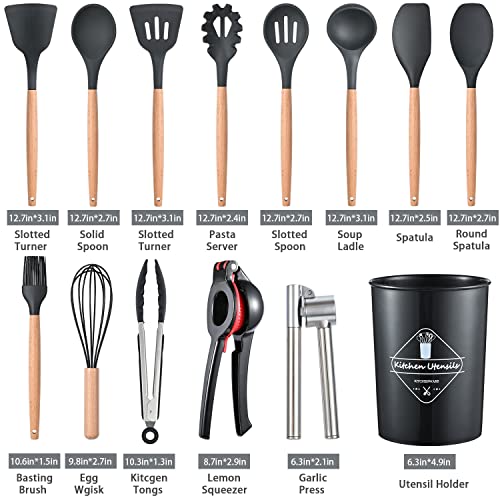 Icvkrj 14 Pcs Silicone Cooking Utensils Kitchen Utensil Set - 446°F Heat Resistant, Spatula, Spoon, Brush, Whisk, Garlic Press, Lemon Squeezer,Wooden Handle Black Kitchen Gadgets For Nonstick Cookware #TOP1
