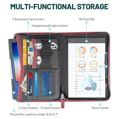 AKAYOK Padfolio for Women, Zippered Business Portfolio, Leather Padfolio Binder 5.3 x 8 inch Writing Pad, Business Portfolio Organizer, Small Padfolio with Clipboard (Red)