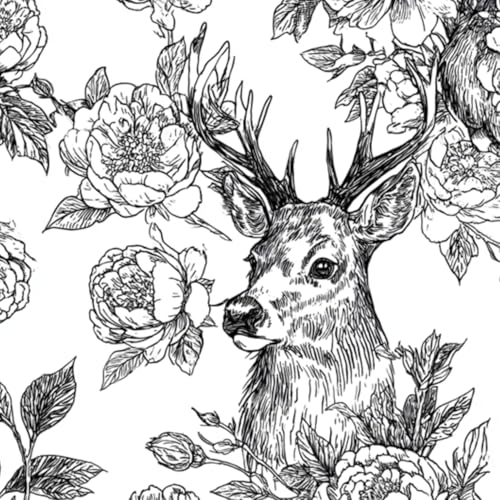 壁紙 45cm x 300cm 剥がせる 牡丹の花が描かれた鹿の頭部イラスト、黒と白の線画 多機能 防水/汚れ防止/防油 食器棚 クロ 玄関 ふすま紙 家具 部屋 DIY 賃貸OK
