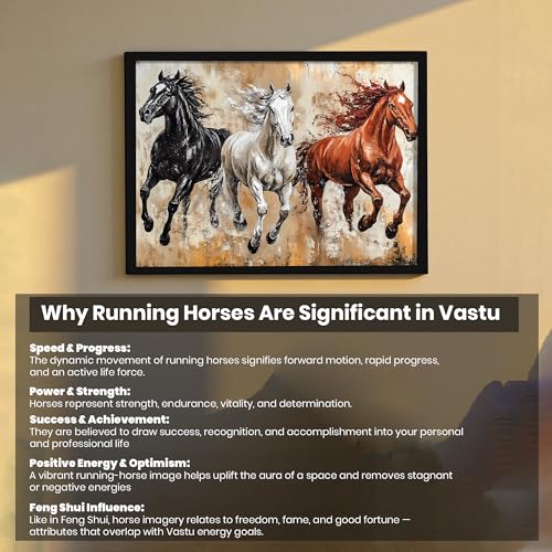Image of 3 Running Horses Vastu Framed Wall Art Painting For Living Room|Three Horse Painting With Frame for Home & Office Decor, 17x23 Inch