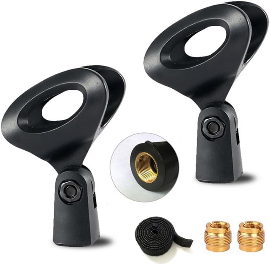 Universal Microphone Clip Mic Holder with 5/8" Male to 3/8" Female Thread Metal Screw Adapters and Fastening Cable Straps for Microphone Stand, Handhold Microphone - 2 Pack